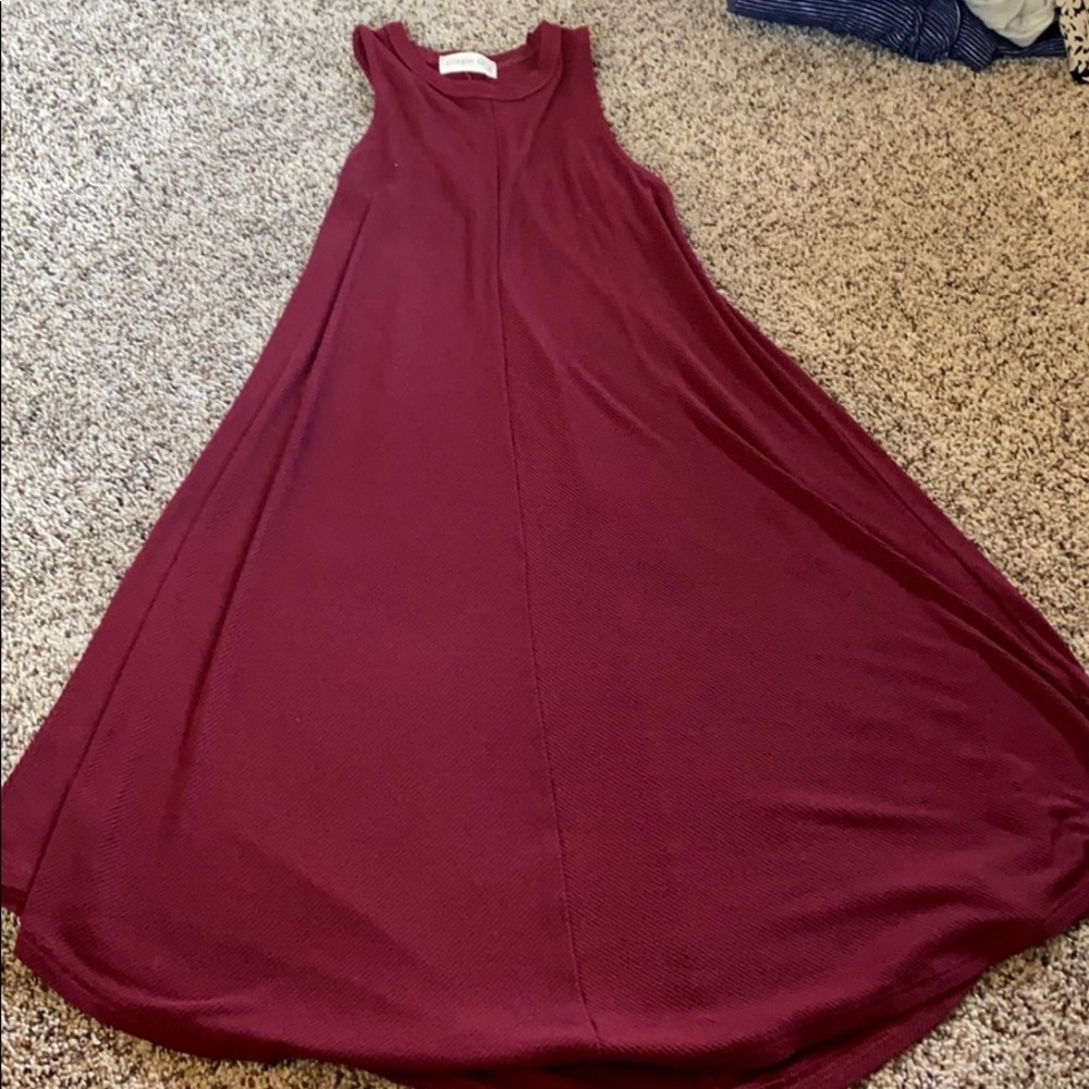 Dark Red Knee Length Ribbed Dress